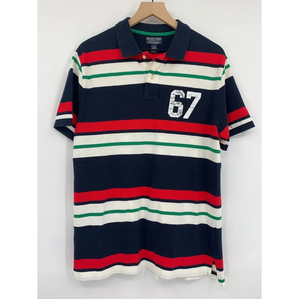 Vintage Ralph Lauren Polo Shirt Mens Large Blue Red Striped 67 Colorful Preppy